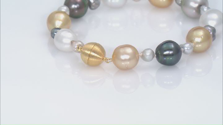 Cultured Tahitian, South Sea, and Keshi Pearls 14k Yellow Gold Over Sterling Silver Bracelet Video Thumbnail