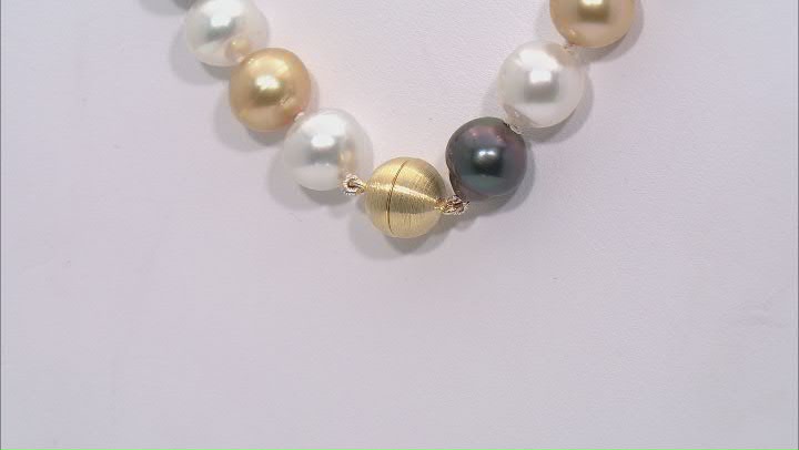 Multi-Color Cultured Tahitian and South Sea Pearls 14k Yellow Gold Over Sterling Silver Necklace Video Thumbnail