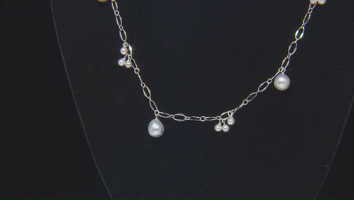 Platinum Cultured Japanese Akoya Pearl Rhodium Over Sterling Silver Station Necklace Video Thumbnail