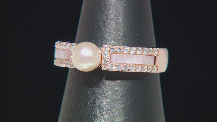 Cultured Freshwater Pearl, Pink Mother-of-Pearl with Cubic Zirconia 14k Rose Gold Over Sterling Ring Video Thumbnail