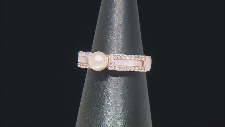 Cultured Freshwater Pearl, Pink Mother-of-Pearl with Cubic Zirconia 14k Rose Gold Over Sterling Ring Video Thumbnail