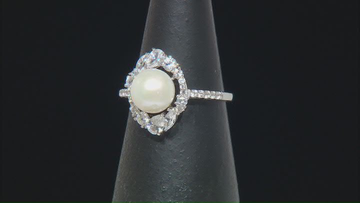White Cultured Freshwater Pearl and White Zircon Rhodium Over Sterling Silver Ring Video Thumbnail