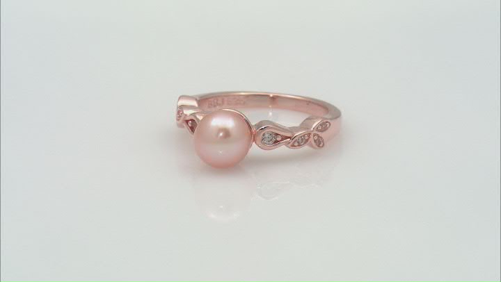 Peach Cultured Freshwater Pearl and White Zircon 14k Rose Gold Over Sterling Silver Ring Video Thumbnail