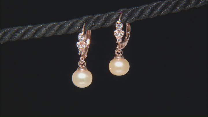 Peach Cultured Freshwater Pearl and White Zircon 14k Rose Gold Over Sterling Silver Earrings Video Thumbnail