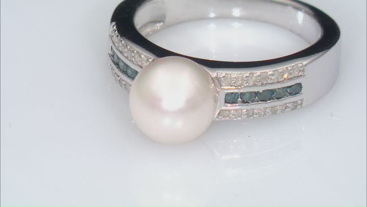 White Cultured Japanese Akoya Pearl and Blue & White Diamond Rhodium Over Sterling Silver Ring Video Thumbnail
