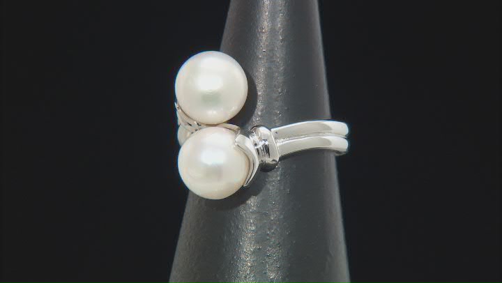 White Cultured Japanese Akoya Pearl Rhodium Over Sterling Silver Bypass Ring Video Thumbnail