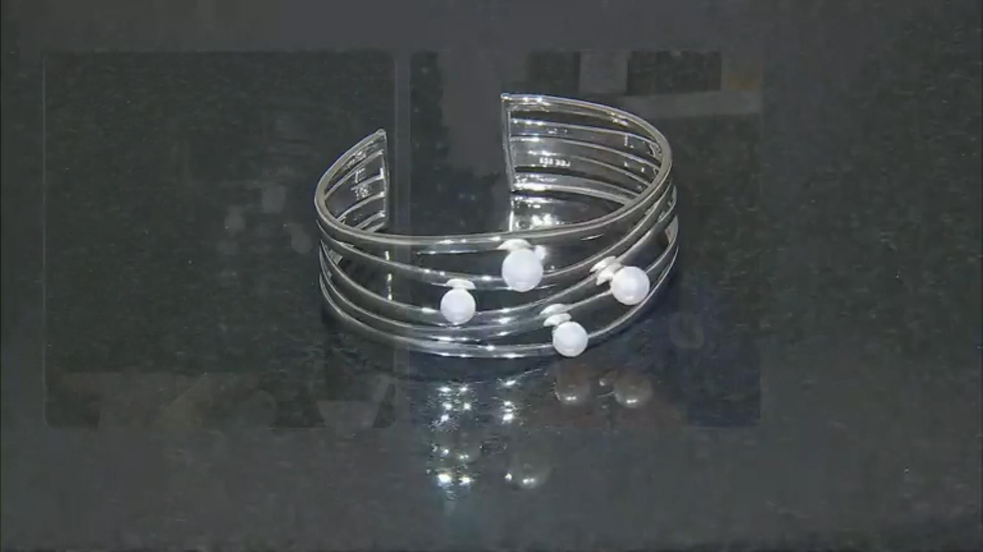 White Cultured Freshwater Pearl Rhodium Over Sterling Silver Bangle Bracelet Video Thumbnail