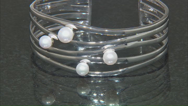 White Cultured Freshwater Pearl Rhodium Over Sterling Silver Bangle Bracelet Video Thumbnail