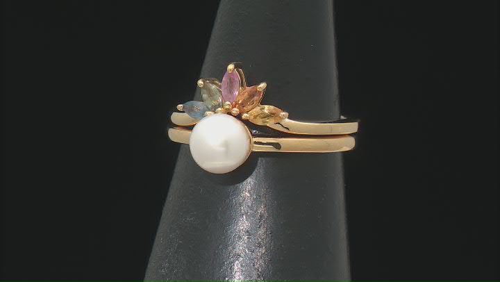 White Cultured Freshwater Pearl & Multicolor Sapphire 18k Gold Over Sterling Silver Ring Set Video Thumbnail