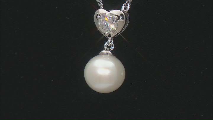 White Cultured Freshwater Pearl and Moissanite Platineve® Pendant with Chain Video Thumbnail