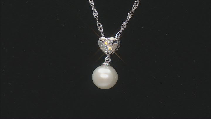 White Cultured Freshwater Pearl and Moissanite Platineve® Pendant with Chain Video Thumbnail