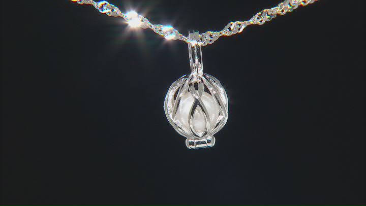 Cultured Freshwater Pearl Rhodium Over Silver Cage Pendant With Chain Video Thumbnail
