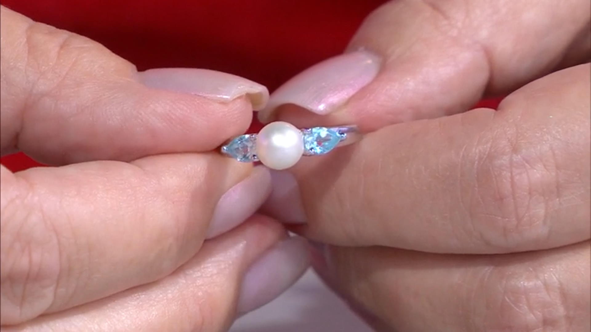 White Cultured Freshwater Pearl and 0.88ctw Sky Blue Topaz Rhodium Over Sterling Silver Ring Video Thumbnail