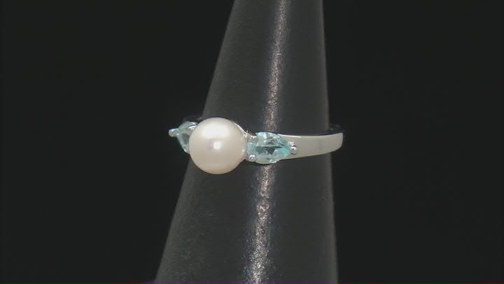White Cultured Freshwater Pearl and 0.88ctw Sky Blue Topaz Rhodium Over Sterling Silver Ring Video Thumbnail