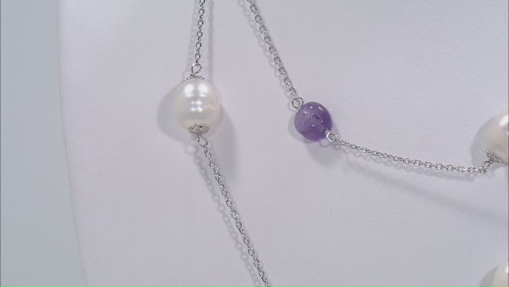White Cultured Freshwater Pearl and Amethyst Rhodium Over Sterling Silver Necklace Video Thumbnail