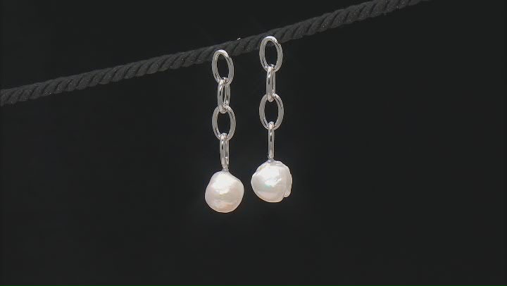 White Barque Cultured Freshwater Pearl Rhodium Over Sterling Silver Earrings Video Thumbnail