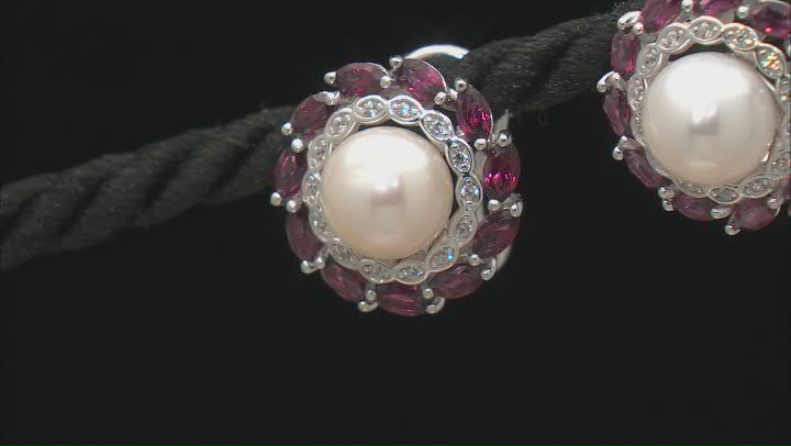 White Cultured Freshwater Pearl, Rhodolite, and Zircon Rhodium Over Sterling Silver Earrings Video Thumbnail