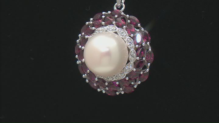 White Cultured Freshwater Pearl, Rhodolite and Zircon Rhodium Over Sterling Silver Pendant Video Thumbnail