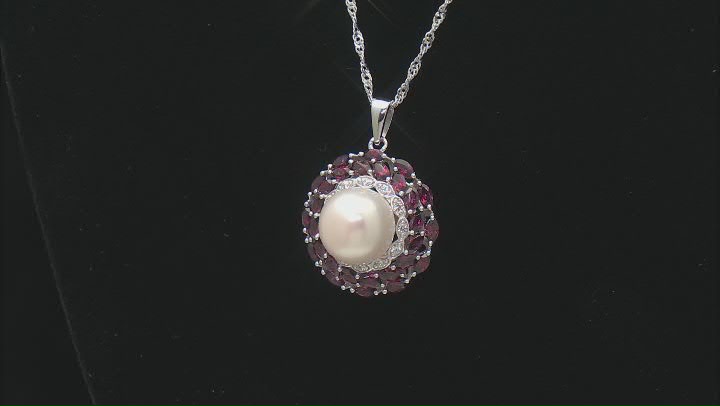 White Cultured Freshwater Pearl, Rhodolite and Zircon Rhodium Over Sterling Silver Pendant Video Thumbnail