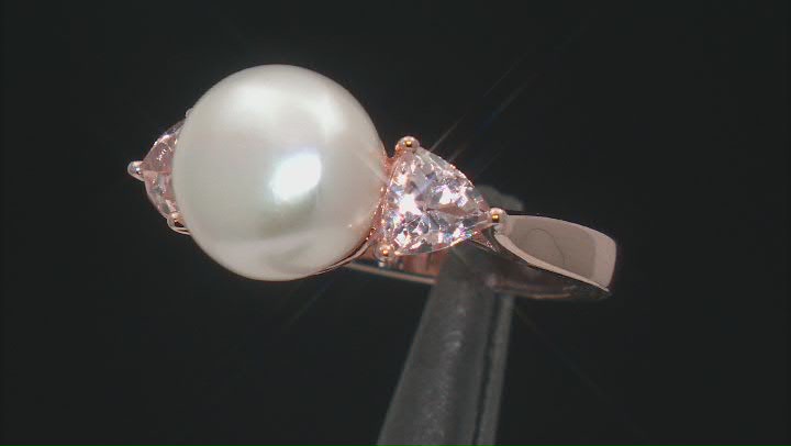 White Cultured Freshwater Pearl and Morganite 18k Rose Gold Over Sterling Silver Ring Video Thumbnail