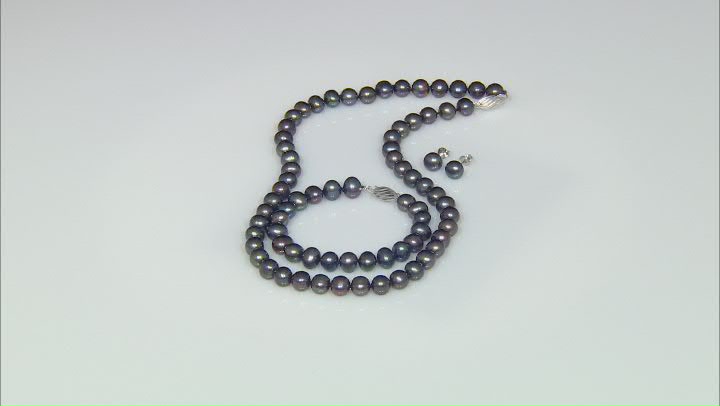 Black Cultured Freshwater Pearl Rhodium Over Sterling Silver Necklace, Bracelet, Earring Set Video Thumbnail