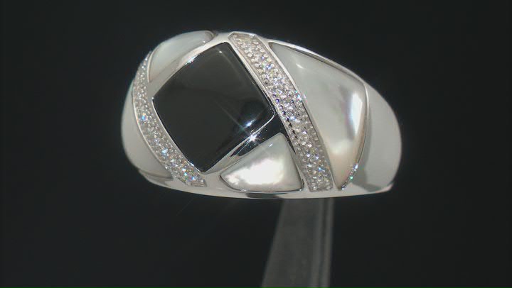 White South Sea Mother-of-Pearl, Black Agate, and White Zircon Rhodium Over Sterling Silver Ring Video Thumbnail