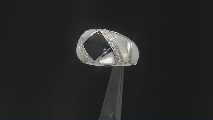 White South Sea Mother-of-Pearl, Black Agate, and White Zircon Rhodium Over Sterling Silver Ring Video Thumbnail