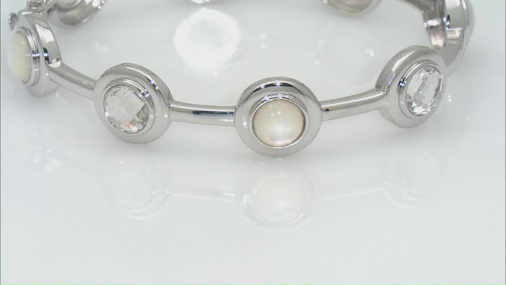White Mother-of-Pearl and White Crystal Quartz Rhodium Over Sterling Silver Bangle Bracelet Video Thumbnail
