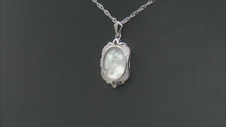 White Mother-of-Pearl Doublet with White Zircon Rhodium Over Sterling Silver Locket Pendant w/Chain Video Thumbnail