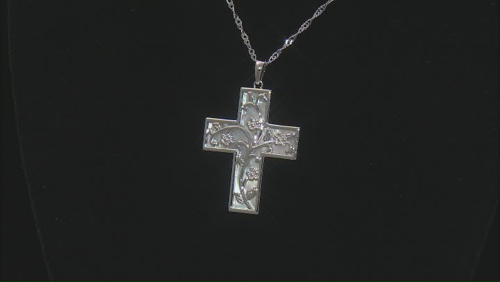 White Mother-of-Pearl Rhodium Over Sterling Silver Cross Pendant with Chain Video Thumbnail