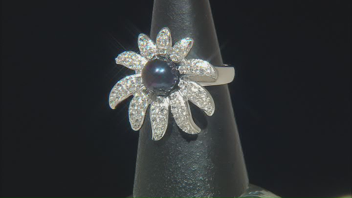 Black Cultured Freshwater Pearl and White Zircon Rhodium Over Sterling Silver Flower Ring Video Thumbnail