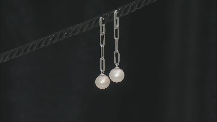 White Cultured Freshwater Pearl Rhodium Over Sterling Silver Paperclip Chain Earrings Video Thumbnail