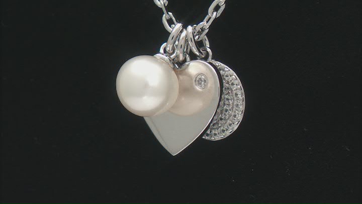 White Cultured Freshwater Pearl and White Zircon Rhodium Over Sterling Silver Necklace Video Thumbnail