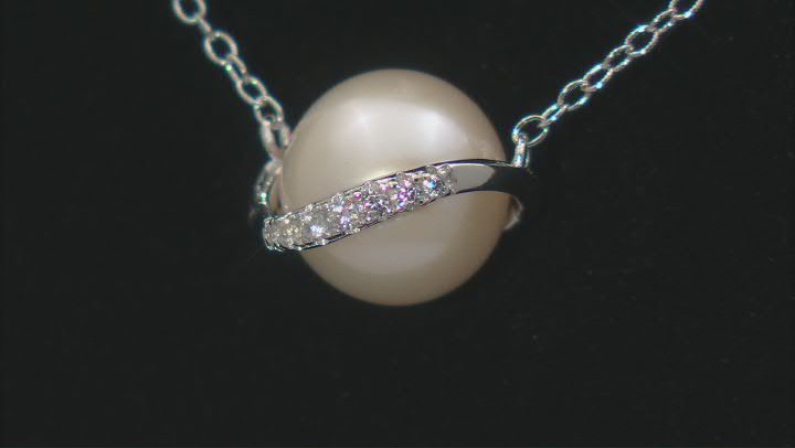 White Cultured Freshwater Pearl and White Zircon Rhodium Over Sterling Silver Necklace Video Thumbnail