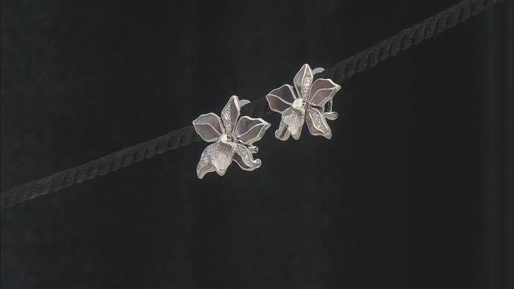 Black Tahitian Mother-of-Pearl and White Zircon Rhodium Over Sterling Silver Flower Earrings Video Thumbnail