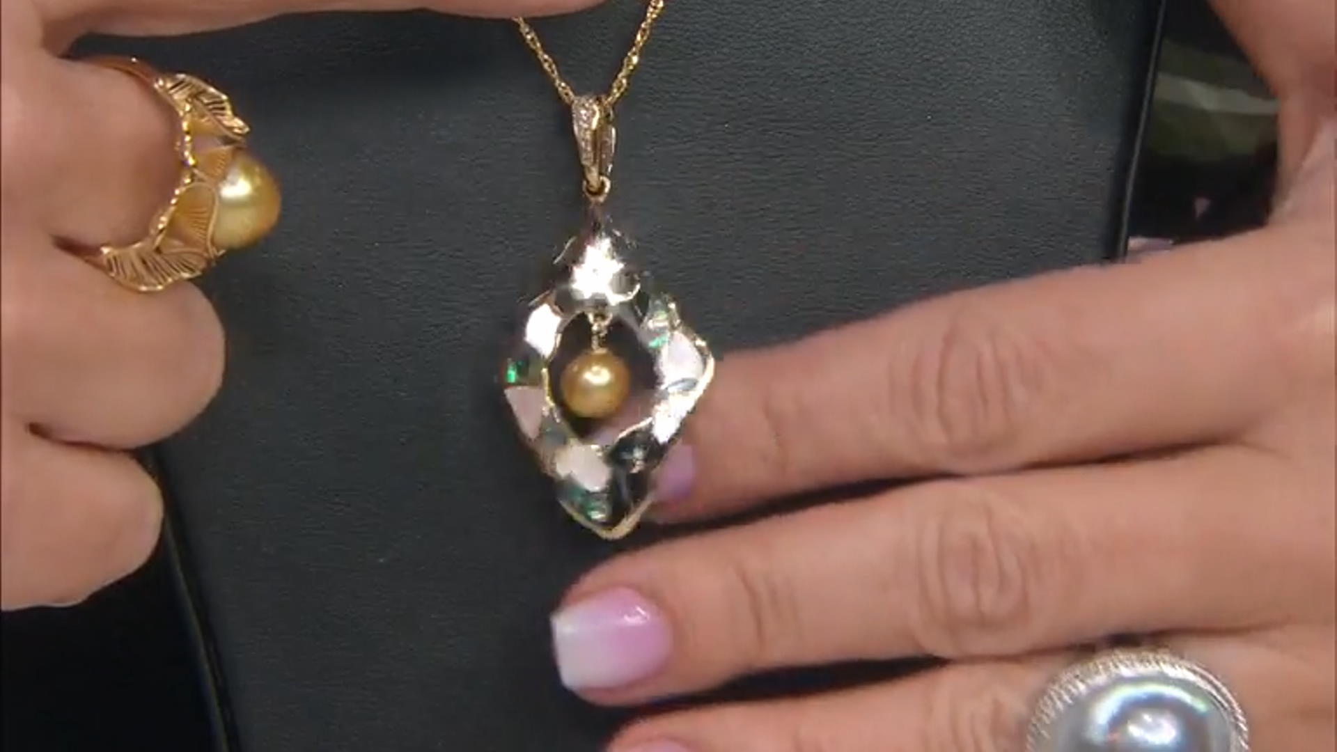 Cultured South Sea Pearl, Mother-of-Pearl, Onyx, Abalone, & Zircon 18k Gold Over Silver 
Pendant Video Thumbnail
