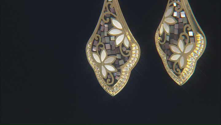 South Sea & Tahitian Mother-of-Pearl with White Zircon 18k Yellow Gold Over Sterling Silver Earrings Video Thumbnail