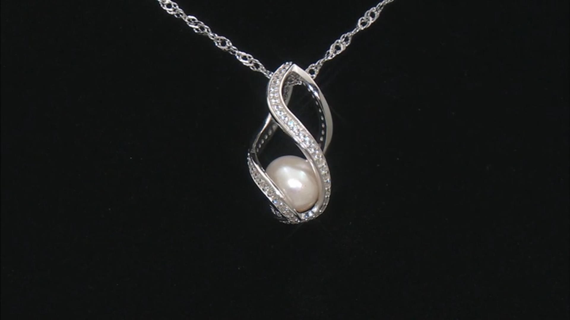 White Cultured Freshwater Pearl and White Zircon Rhodium Over Sterling Silver Pendant w/Chain Video Thumbnail