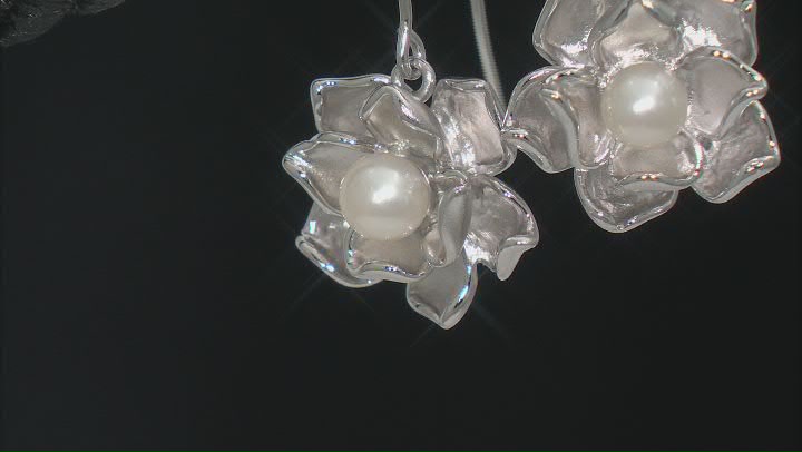 White Cultured Freshwater Pearl Rhodium Over Sterling Silver Flower Drop Earrings Video Thumbnail