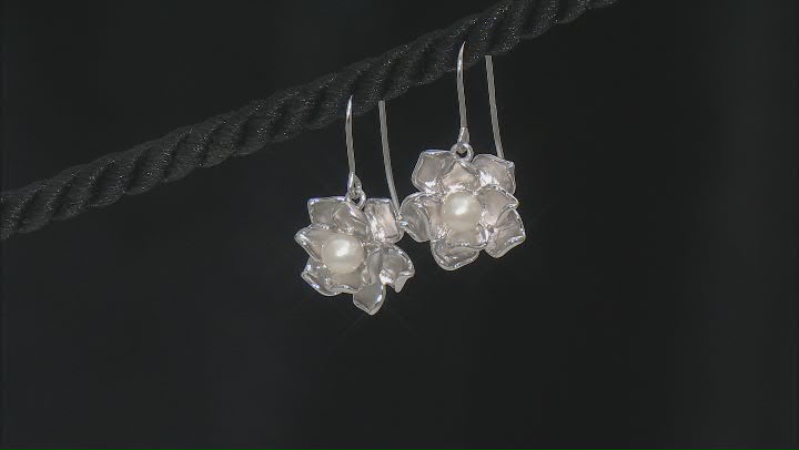 White Cultured Freshwater Pearl Rhodium Over Sterling Silver Flower Drop Earrings Video Thumbnail