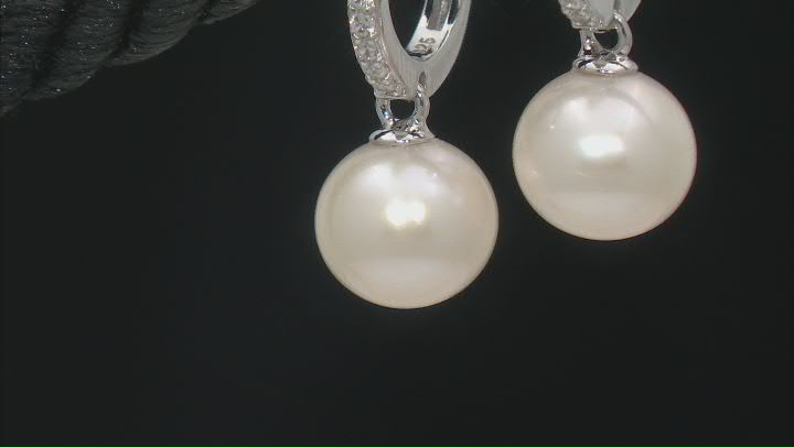 White Freshwater Pearl and White Zircon Rhodium Over Sterling Silver Earrings Video Thumbnail
