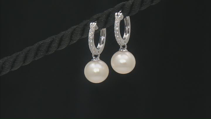 White Freshwater Pearl and White Zircon Rhodium Over Sterling Silver Earrings Video Thumbnail