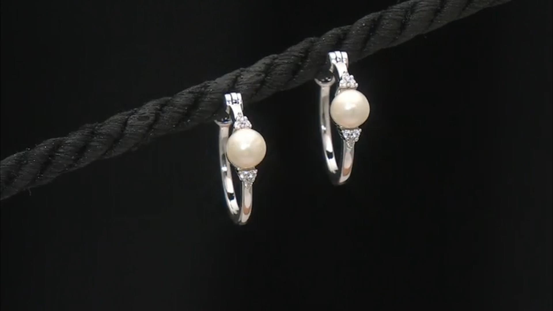 White Cultured Freshwater Pearl and White Zircon Rhodium Over Sterling Silver Hoop Earrings Video Thumbnail