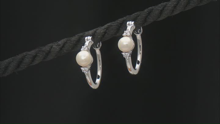 White Cultured Freshwater Pearl and White Zircon Rhodium Over Sterling Silver Hoop Earrings Video Thumbnail