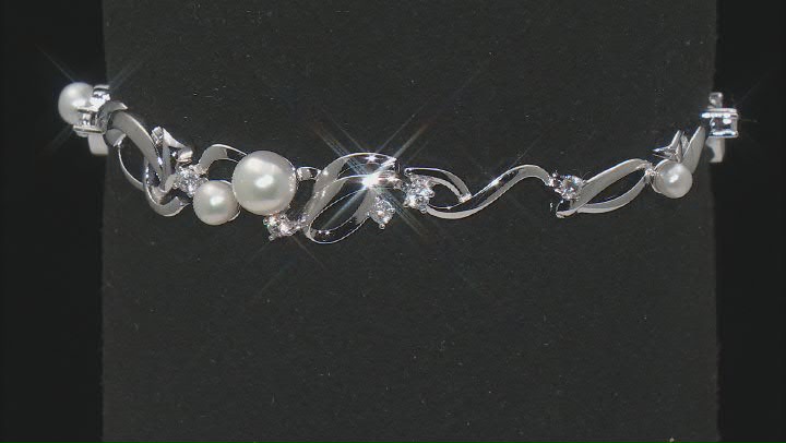 White Cultured Freshwater Pearl and White Zircon Rhodium Over Sterling Silver Bracelet Video Thumbnail