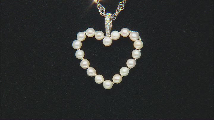 White Cultured Freshwater Pearl and White Zircon Rhodium Over Sterling Silver Heart Pendant Video Thumbnail