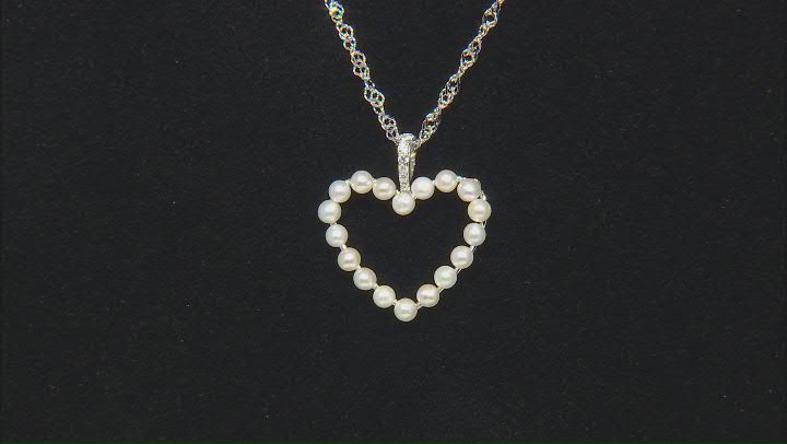 White Cultured Freshwater Pearl and White Zircon Rhodium Over Sterling Silver Heart Pendant Video Thumbnail
