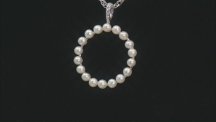 White Cultured Freshwater Pearl and White Zircon Rhodium Over Sterling Silver Circle Pendant Video Thumbnail