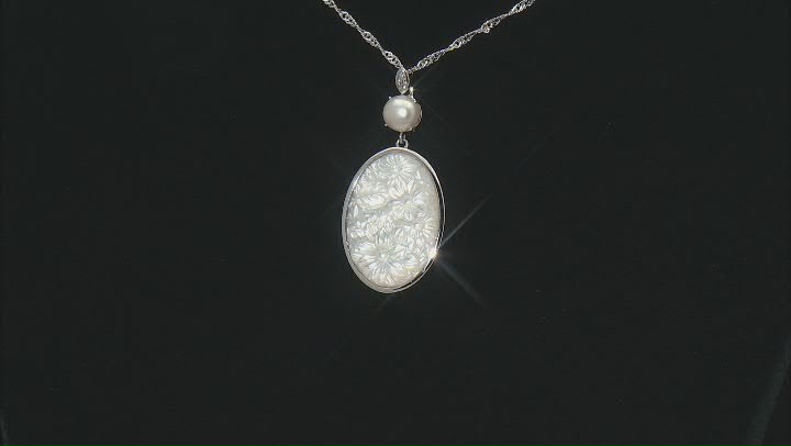 White Mother-of-Pearl, White Cultured Freshwater Pearl and White Zircon Rhodium Over Silver Necklace Video Thumbnail