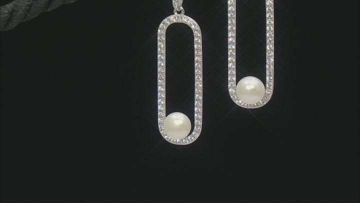 White Cultured Freshwater Pearl and White Zircon Rhodium Over Sterling Silver Earrings Video Thumbnail